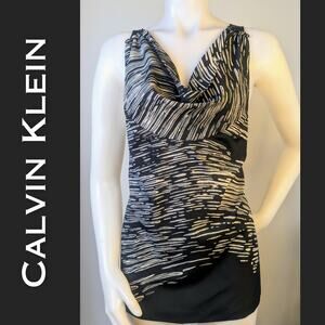 Calvin Klein Sleeveless Blouse Large Draped Neck Black Gray Flowy Career Dressy